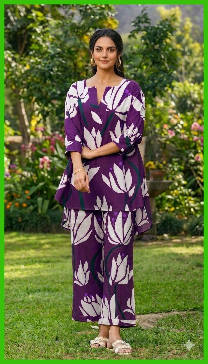 Women’s Purple & White Floral Print Cotton Co-ord Set 202